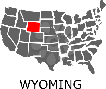 Bordering map of USA with State of Wyoming marked with red color.