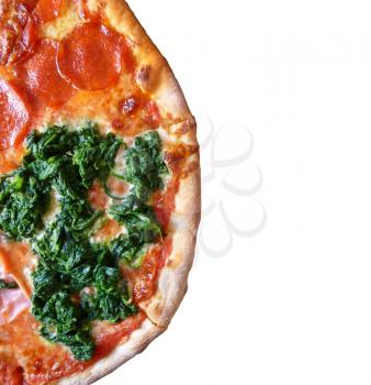 Top view of half and half spinach and salami pizza isolated on white background.