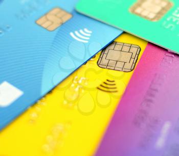 Close up of multicolored credit cards collection.