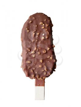Ice cream bar with chocolate coating with roasted almonds pieces isolated on white background.