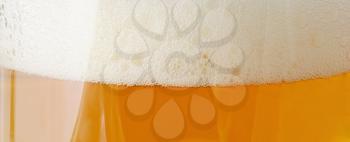 Closeup of beer with bubbles and classic white foam.