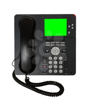 Modern office black multi-button IP desk telephone isolated over white background with copy space blank green screen. 
