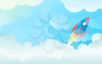 Flying Space Rocket Launching in Sky Over Clouds - Illustration of Progress and Achievement in Flat Vector and Balanced Red, Green and Blue
