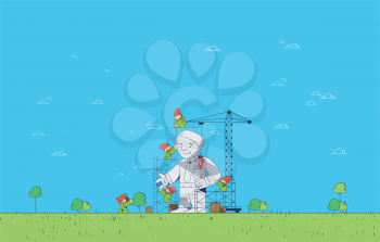Illustration of Teamwork -  Collaborating Gnomes Building Statue of Business Man or Manager in Flat Vector on Light Blue Minimalist Background
