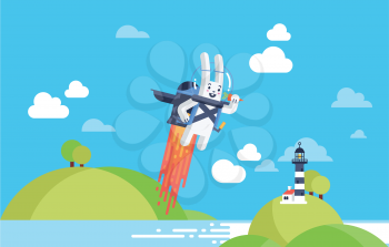Progress and Achievement with Flying Rocket Jetpack Rabbit Launching in Sky over Ocean Beach Front in Material Vector and Bright White and Blue
