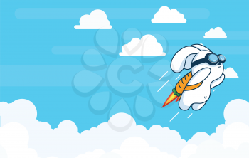 Progress and Achievement with Flying Jetpack Rocket Rabbit Launching in Sky over Clouds in Flat Vector and Bright Contrasting White and Blue

