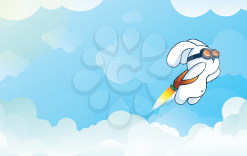 Progress and Achievement with Flying Jetpack Rocket Rabbit Launching in Sky over Clouds in Balanced Gradient Vector and Bright Contrasting White and Blue

