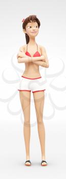 3D Rendered Animated Character in Casual Two-Piece Swimsuit Bikini, Isolated on White Spotlight Background