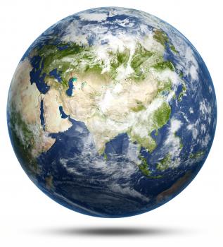 Earth - Asia white isolated. Earth globe model, maps courtesy of NASA