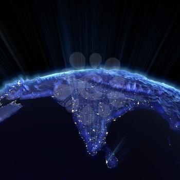 India real relief at night. Earth map from NASA 3d rendering
