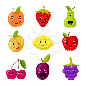 Cute kids fruit vector characters with funny smiling faces. Sweet fruit cartoon face, illustration of food fruit vitamin