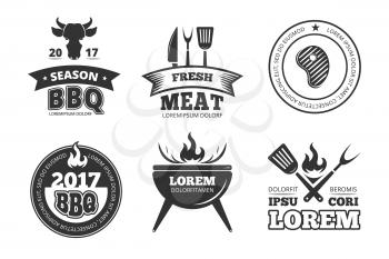 Barbecue, grill, bbq steak house restaurant vintage vector labels, badges, logos and emblems. Gril bbq emblem restaurant, illustration of vintage bbq label for menu