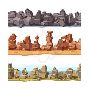 Three horizontal seamless rocky, mountains landscape for game user interface. Vector cartoon illustration set. Stump of stones landscape