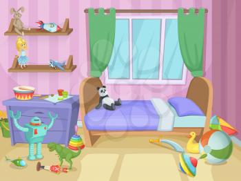 Room for kids with funny toys on the floor. Childrens playing. Vector illustration. Interior child room with toys, kids room