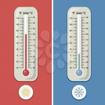 Thermometer of celsius and fahrenheit. Meteorology and different temperature cold and warm. Vector illustrations. Thermometer measurement on celsius and fahrenheit, temperature measurement