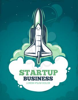 Startup vector grunge vintage 60s poster with rocket, spaceship launch. Business staart up banner, illustration of creative template poster start up rocket