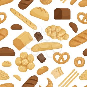 Bread and other bakery foods in funny cartoon style. Vector seamless pattern. Illustration of bread drawing pattern
