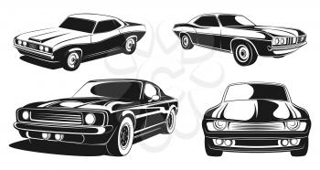 Monochrome illustrations set of retro muscle cars. Black vector picture automobile transport, sport muscle car retro design