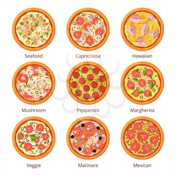 Classical italian food. Pizza top view in cartoon style. Vector illustrations isolated on white. Italian pizza menu for pizzeria