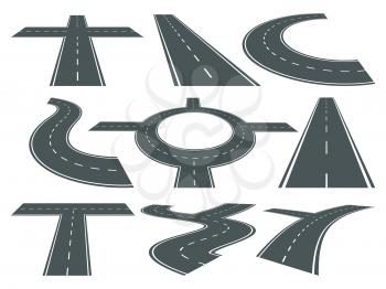 Vector set of pathway different roads. Speed curved symbol for logo design. Highway illustrations. Road direction and speed pathway