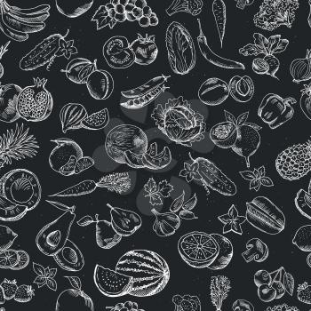 Vector seamless pattern of hand drawn fruits and vegetables. White illustrations on the dark blackboard. Pattern with doodle fruits and vegetables on chalkboard
