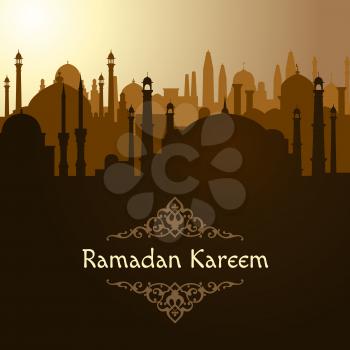 Ramadan. Arabic mosque background. Islam vector illustration. Silhouette of arabic architecture banner or poster to ramadan