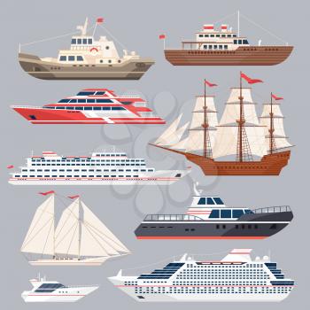 Set of different vessels. Sea boats and other big ships. Vector in flat style. Ship and boat, cruise yacht illustration