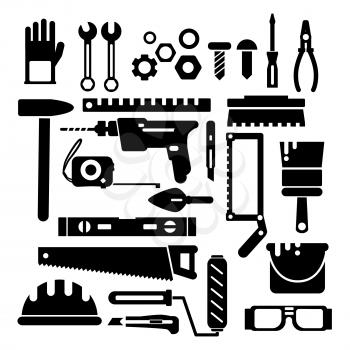 Silhouette of construction or repair tools. Vector black icon set. Equipment of tools screwdriver and pliers, spanner and wrench illustration