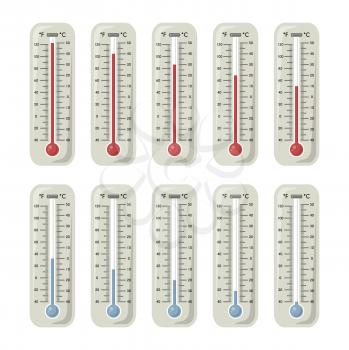 Thermometers with different temperature on them. Vector illustration. Set of thermometer measurement, degree thermometer for meteorology fahrenheit and celsius