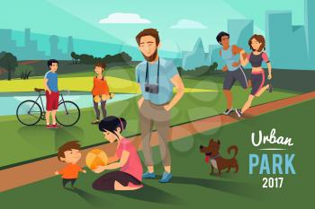 Outdoor activities in urban park. Happy family with kid, runners couple, boy and girl near the lake and summer trees. Vector illustration background
