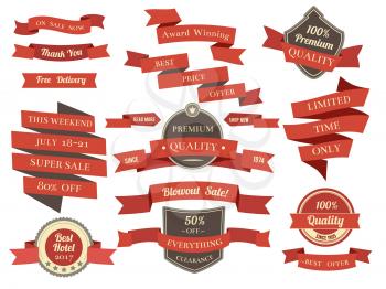 Shopping banners and ribbons with promotion text. Different discounts and offers. Vector illustration in flat style. Shopping template ribbon collection, label banner wave