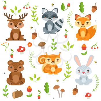 Funny forest animals and floral elements isolate on white background. Vector illustration cartoon animal deer and bear, raccoon and squirrel animals