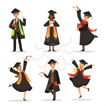 Success and happy students. Graduation in different countries. Vector characters. Graduation educationm illustration of character student university or college