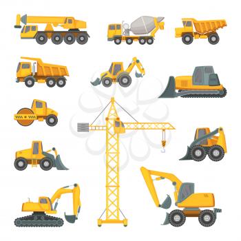 Heavy construction machines. Excavator, bulldozer and other technique. Vector illustrations in cartoon style. Bulldozer and digger equipment machine