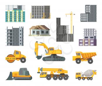 Big heavy yellow machines and modern buildings at construction stages. Unfinished home. Vector pictures in cartoon style construction machiner and home illustration