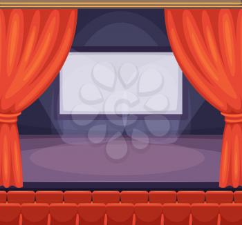Theatre or cinema stage with red curtains. Vector background in cartoon style. Curtain on cinema stage or theater, illustration of red velvet decoration