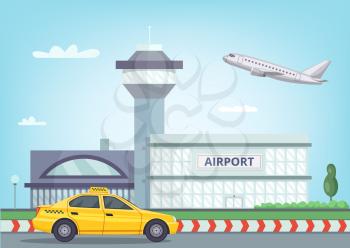 Urban background with airport building, airplane in the sky and taxi car. Vector airport terminal building abd yellow taxi illustration