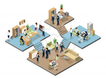 Business center with people at work in offices. Vector isometric illustration. Interior of office with business people man and woman