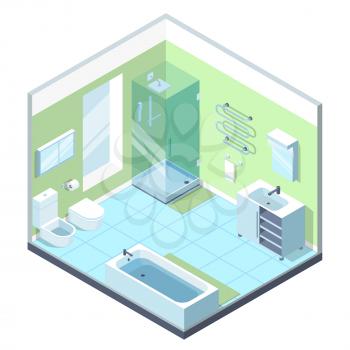 Bathroom interior with different furniture elements. Vector isometric illustration. Interior of furniture isometric bathroom