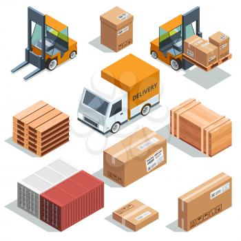 Isometric industry machine for lading, freight and different boxes and pallets. Illustration of logistic and delivery, distribution and shipment