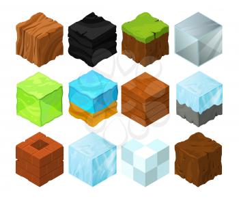 Cartoon texture illustration on different isometric blocks for game design. Isometric block sea and wood, cubical glass and coal