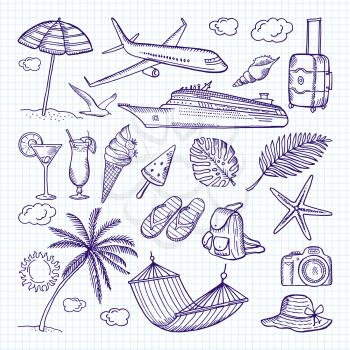 Summer hand drawn elements. Sun, umbrella, backpack and other symbols of funny vacations. Vector doodles sketch elements to holiday luggage and camera illustration