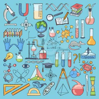 Colored items of science biology and chemical. Vector hand drawn illustrations. Equipment for laboratory flask and microscope for experiment and test
