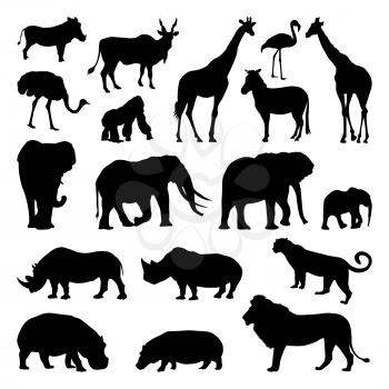 Wild african animals silhouettes set. Zoo vector illustrations isolate. Animal safari black silhouette rhinoceros and monkey, goat and giraffe