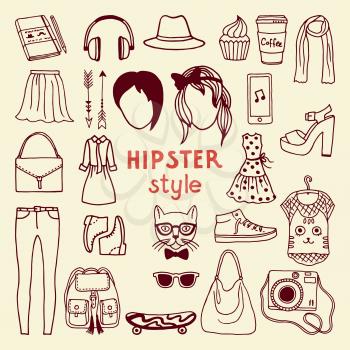 Funky hipster style elements of female. Different stylish accessories. Hipster woman accessory, vector fashion object collection illustration