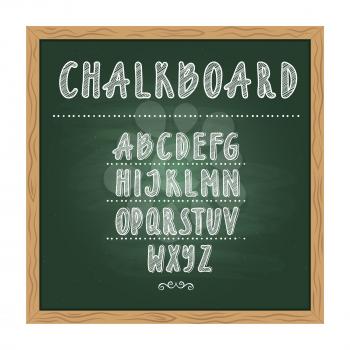 Antique child school chalkboard with green texture and hand writing alphabet on it. Vector doodle writing letters. Blackboard with alphabet handwritten illustration