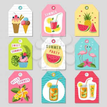 Gift tags with summer tropical decoration. Illustrations of watermelon, lemonade, strawberry and other fruits. Colored summer label with flamingo and tropical leaf