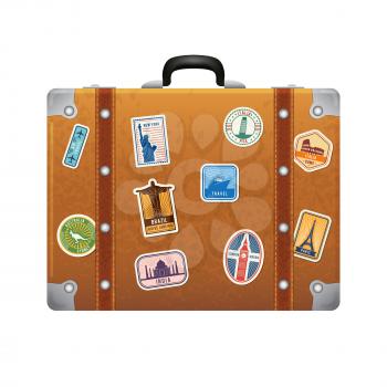Travel stickers on retro leather suitcase. Vector labels set on baggage leather, bag suitcase for tourism illustration