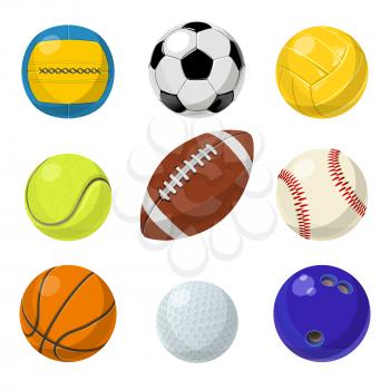 Sport equipment. Different balls in cartoon style. Vector collection set of balls for tennis and handball, baseball and basketball illustration