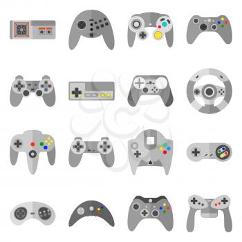 Different game controllers. Vector illustrations set of computer joy sticks. Collection of joystick for game controller console